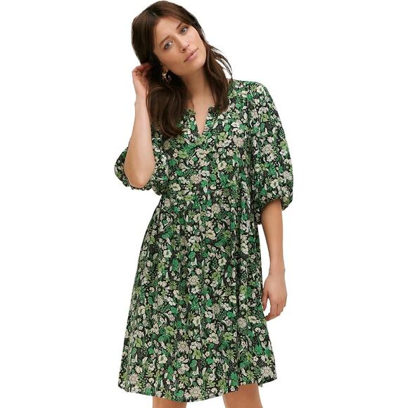 Ellos Dress Size 18 Green Black Floral Print Notch Neck Empire Puff Sleeve Plus - Picture 1 of 15